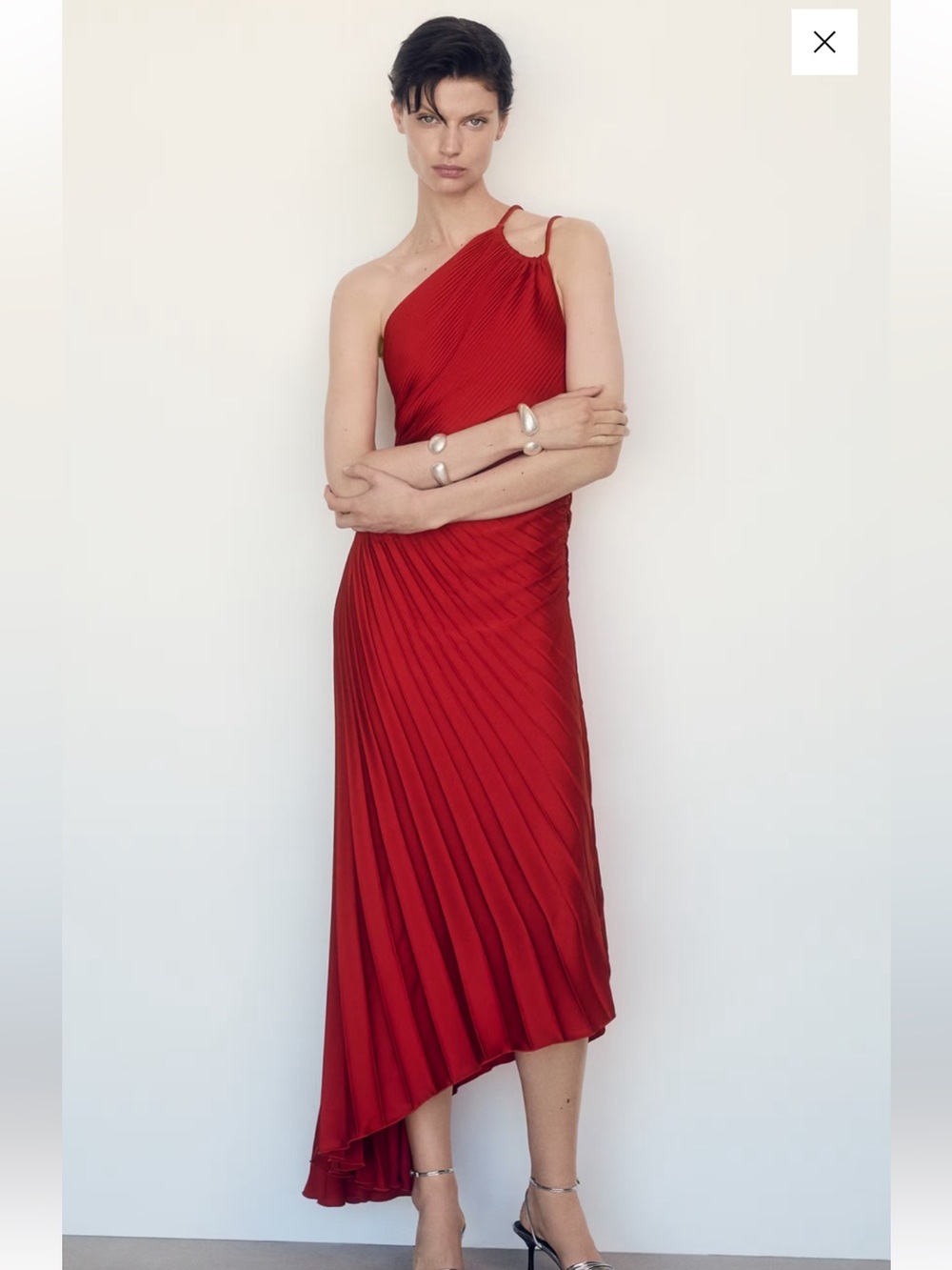 Mango Red One-Shoulder Pleated Asymmetric Midi Dress